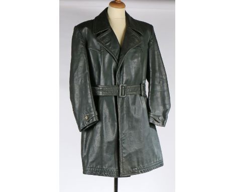 Second World War German Officers leather coat, heavy green leather construction, waist belt fastening, the coat was brought b