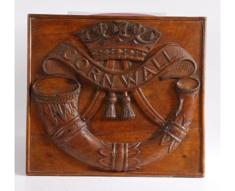 A large well carved wooden plaque to the Duke of Cornwalls Light Infantry, 34.5 cm x 31 cm