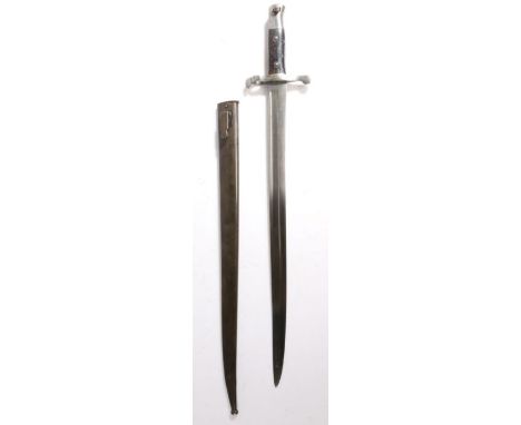 Portuguese M1885 Knife Bayonet, steel yataghan type blade, crossguard stamped R642, held in steel scabbard marked with serial