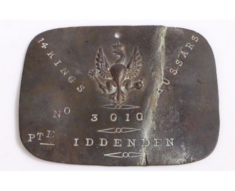 Brass soldiers bed plate to the 14th Kings Hussars, stamped 'No 3010 PTE IDDENDEN', card with plate states 'Found in a plough