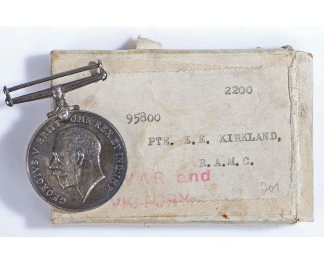 1914-1918 British War Medal (95800 PTE. E. E. KIRKLAND. R.A.M.C.)&nbsp; records show Private Ernest Kirkland of the Royal Arm