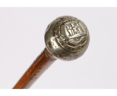 British army walking out cane to the Dorsetshire Regiment, white metal top bearing regimental badge, white metal ferrule, unu
