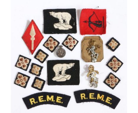 British army badges, formation badges to the 1st Corps, Anti Aircraft Command, 49th Division, embroidered REME shoulder title