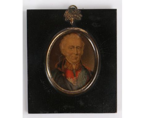 19th century miniature portrait of the Duke of Wellington in later years, mounted in an ebonised frame, 5 cm x 6 cm