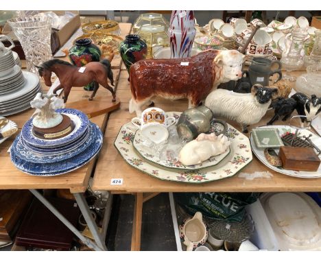 A LARGE MELBA WARE BULL, DOULTON DINNER WARES, PEWTER MUGS, BESWICK SHEEPDOG AND A HORSE AND OTHER FIGURES, VASES ETC.