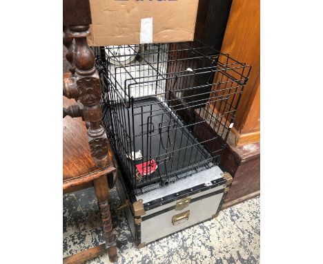 A LARGE CABIN TRUNK CONTAIN KITCHENALIA AND A PET CAGE 