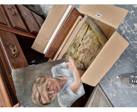 A QUANTITY OF OIL PAINTINGS, PORTRAITS, LANDSCAPES AND A WATERCOLOUR SKETCH BOOK ETC.