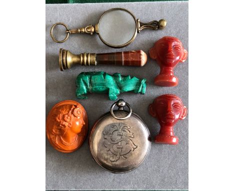 A CARNEILAIN HANDLED SEAL, A SILVER HALLMARKED POCKET WATCH, A PORTRAIT CAMEO BROOCH, A LORGNETTE, MALACHITE HIPPO, AND TWO B