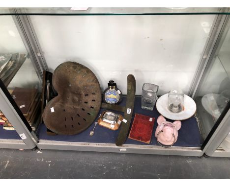 AN IRON TRACTOR SEAT, A PICTURE LIGHT TOGETHER WITH PORT SUNLIGHT AND LUX SOAP MEMORABILIA, A PIG MASK AND RING TOWEL FITTING