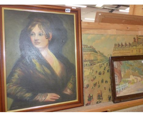 OIL ON CANVAS PORTRAIT OF A LADY 20thC UNSIGNED  TOGETHER WITH AN OLEOGRAPH AFTER CAMILLE PISSARRO AND A WATERCOLOUR OF A VIL