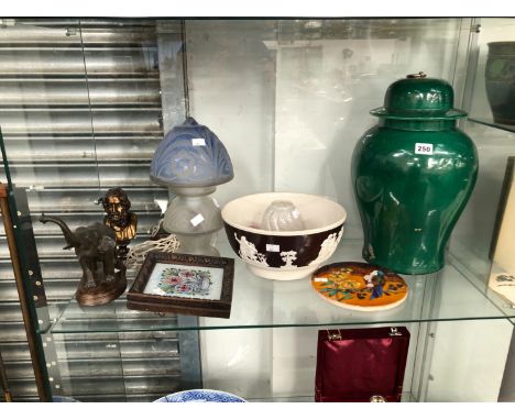 A BRONZE ELEPHANT, AN ART DECO GLASS TABLE LAMP, A BROWN JASPER BOWL, A CHINESE GREEN GLAZED JAR TOGETHER WITH 2 TILES