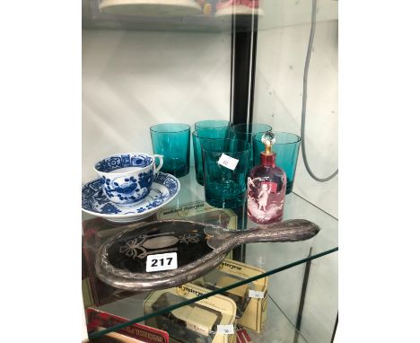 A SILVER AND TORTOISESHELL HAND MIRROR, SIX GREEN GLASS TUMBLERS, A CUP AND SAUCER TOGETHER WITH A MARY GREGORY CRANBERRY GLA