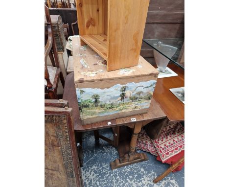 A PINE TOY BOX, A OAK GATE LEGGED TABLE AND A SMALL BOOK CASE.