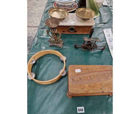 A SET PAIRMAN, NEWCASTLE SCALES, TWO POSTAL BALANCES, A TAMBOURINE AND A HANDKERCHEIF BOX 