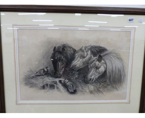 A CHARCOAL STUDY OF PONIES AND PIDGEONS, UNSIGNED. 36 x 54cms TOGETHER WITH A PASTEL PORTRAIT OF A GIRL, INDISTINCTLY SIGNED.