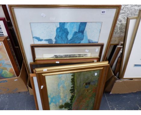 A QUANTITY OF LARGE DECORATIVE PRINTS MAINLY OF FRENCH IMPRESSIONISTS TOGETHER WITH AN OIL ON BOARD AFTER MONET