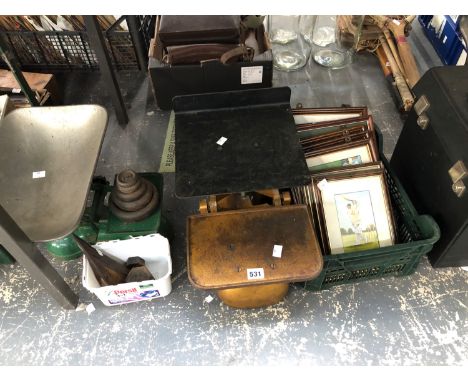 TWO SETS OF KITCHEN SCALES TOGETHER WITH SOME WEIGHTS AND FRAMED PICTURES