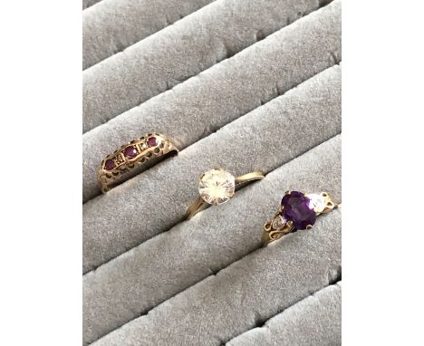 A 9ct HALLMARKED GOLD RUBY AND OLD CUT DIAMOND BOAT SHAPE RING, DATED 1907, CHESTER, TOGETHER WITH A 9ct GOLD AMETHYST AND DI