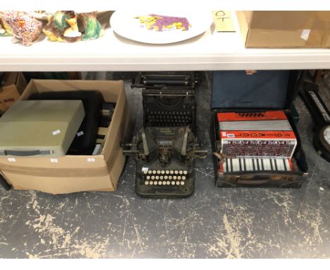 A CASED LUDWIG ACCORDION, TWO VINTAGE TYPE WRITERS TOGETHER WITH OTHERS LATER