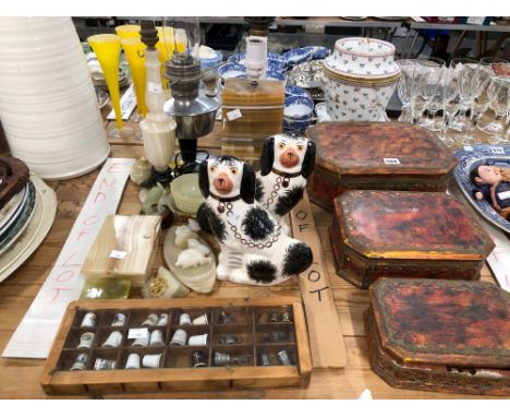 A MILK GLASS COLUMN CANDLESTICK, TWO ONYX TABLE LAMPS, OTHER ONYX, THIMBLES AND A PAIR OF STAFFORDSHIRE SPANIELS