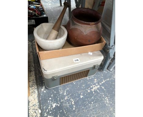 A PHILLIPS TAPE RECORDER TOGETHER WITH A  RED WARE JAR, PESTLE AND MORTAR