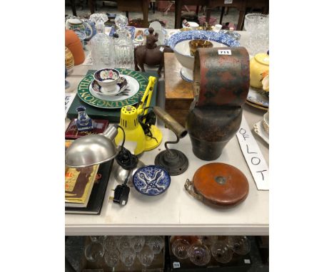 AN ANGLE POISE AND ANOTHER LAMP, A WALNUT BOX, A COW BELL, A LEATHER CASED TAPE MEASURE, BOOKS AND CERAMICS