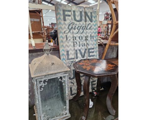 A VINTAGE STYLE SIGN AND A PENWORK TABLE AND A LANTERN 