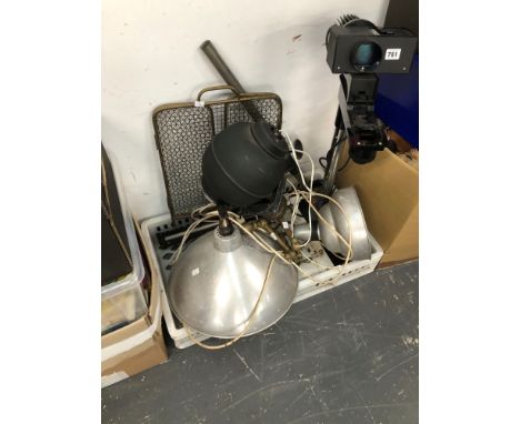A PHOTOGRAPHIC ENLARGER, TWO ALUMINIUM LIGHT SHADES, BRASS FIRE DOGS AND A 3-FOLD FIRE SCREEN