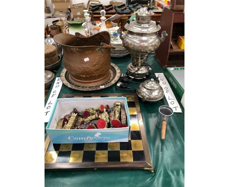 AN ELECTROPLATE SAMOVAR AND KETTLE, A COPPER COAL SCUTTLE, A DAMASCENED COPPER DISH, A CHESS SET AND BOARD, ETC