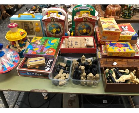 BOARD GAMES, CHESS SETS, TOY CLOCKS AND FISHER PRICE TOYS TOGETHER WITH A TONBRIDGE WARE BEZIQUE MARKER 