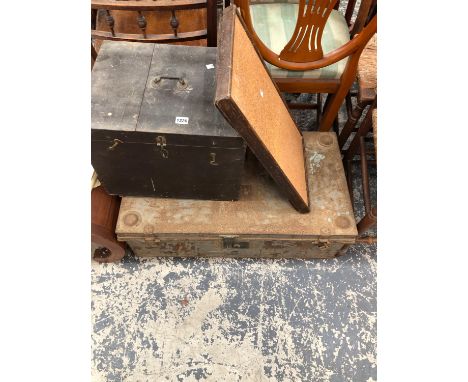 A VINTAGE PINE BOX, A PICNIC TABLE AND A TIN TRUNK