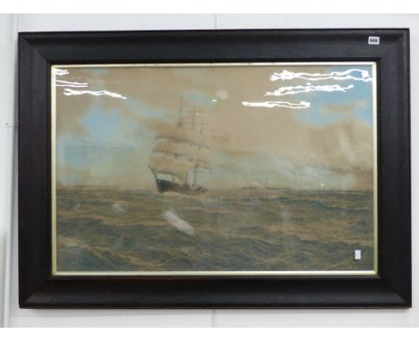 LITHOGRAPH AFTER HUGO SCHNARS-ALQUIST, DATED 1909 OF A THREE MASTED SAILING SHIP AND A PADDLE STEAMER. 60 x 93cms TOGETHER WI