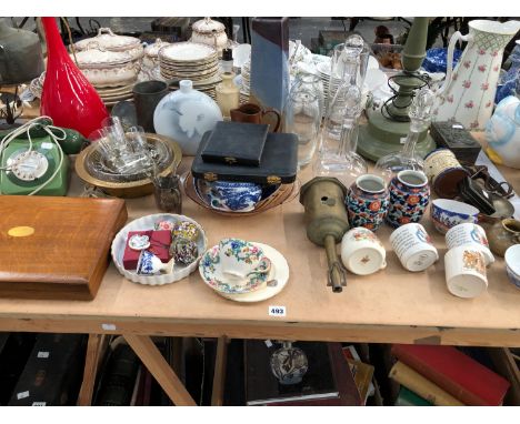 A PAIR OF JAPANESE IMARI SMALL VASES, A LARGE TABLE LAMP, A VINATGE PHONE, CUTKERY AND A QTY OF DECORATIVE CHINA AND GLASS.