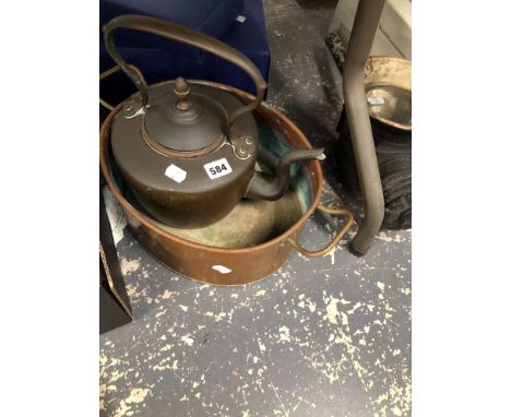 A CARRIAGE LAMP, A COPPER FISH PAN, A COPPER KETTLE, ETC.