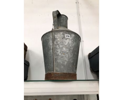 A GALVANISED METAL TWO HANDLED FLASK AND COVER.