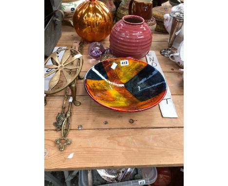 A POOLE POTTERY BOWL, A HARVEST JUG, A GLASS PUMPKIN, PAPERWEIGHTS AND BRASS TOASTING FORKS.