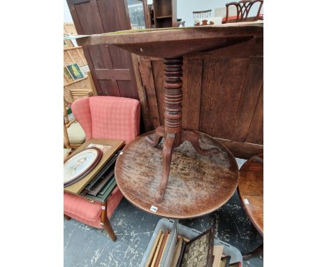 A 19th C. MAHOGANY TRIPOD TABLE TOGETHER WITH ANOTHER IN OAK