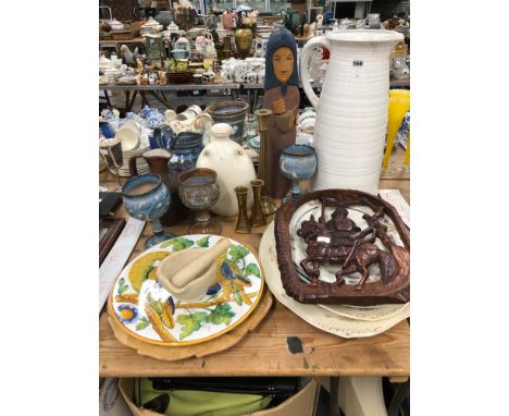 STUDIO POTTERY GOBLETS, JUGS, A VASE, VARIOUS PLATTERS, A CARVED WOOD CHINESE HORSEMAN, BRASS CANDLESTICK, ETC.