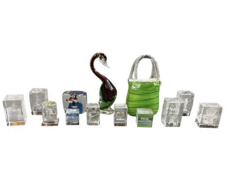 A small quantity of assorted art glass, including a swan, height 20cm, twin handled basket, height 21cm, paperweight decorate