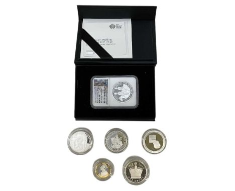 ROYAL MINT; a cased proof Platinum Wedding Anniversary 2017 silver coin, encapsulated silver proof 2015 five pound Churchill 