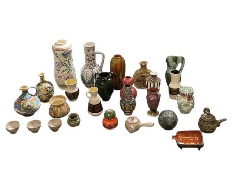 A collection of assorted art pottery including a Norwegian Larholm vase, height 19cm, a Burmantofts double gourd vase, height