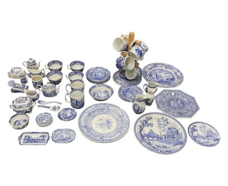 SPODE; a quantity of blue and white tea and dinnerware, decorated in the 'Italian' pattern, including mug tree suspending six