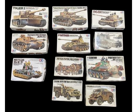 TAMIYA; eleven boxed 1:35 scale model tanks and military vehicles, including Quad Gun Tractor, Matilda Mk III/IV British Infa