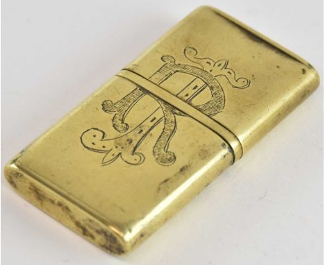 An early 20th century, possibly WWI, trench art small brass cased lighter, with engraved initials 'RI' to the front, the pull