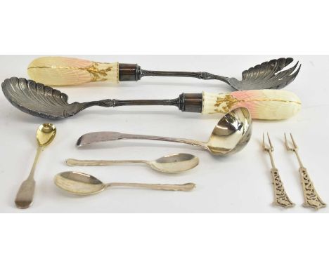 THOMAS SHEPHERD; a George III hallmarked silver ladle, London 1816, a pair of George V hallmarked silver teaspoons, with shel