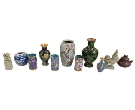 Three modern Chinese gilt metal cloisonné enamel brush pots, all height 10cm and diameter 5.5cm, a green ground baluster form