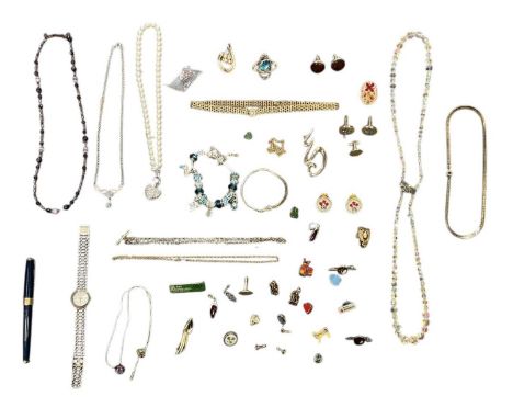 A group of mixed modern and vintage costume jewellery, including a charm bracelet, a lady's stainles steel watch, cufflinks, 