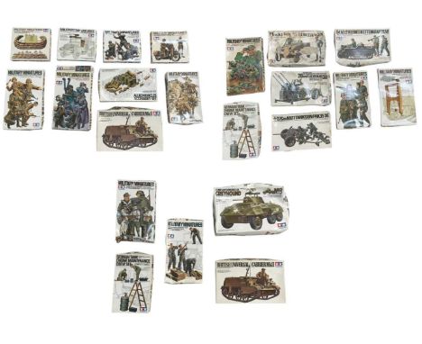 TAMIYA; twenty-two 1:35 scale military model kits including Military Miniatures, Allied Vehicles Accessory Set, Universal Car