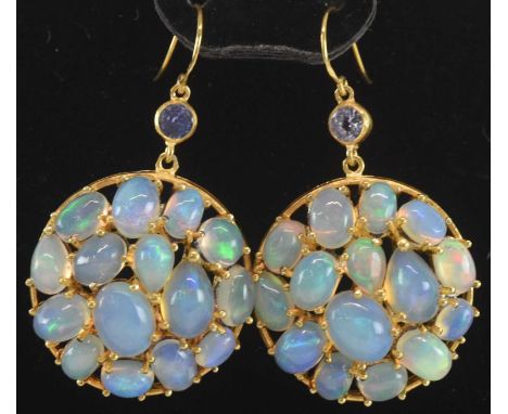 A pair of 925 hallmarked silver gilt circular opal and tanzanite set earrings, set with approx thirty opals totalling approx 