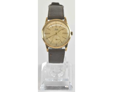 AVIA; a gentleman's 9ct gold wristwatch, the champagne dial set with raised baton markers and small subsidiary seconds dial, 